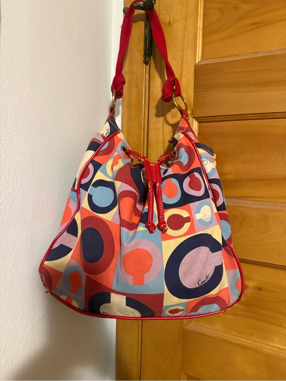 Coach Multicolor Circle-Print Hobo with Red Trim